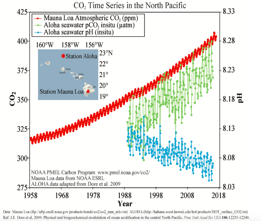 Koncentrace CO2 v atmosféře (červeně) a ve vodách Severního Pacifiku (zeleně). PH vody (modře) 